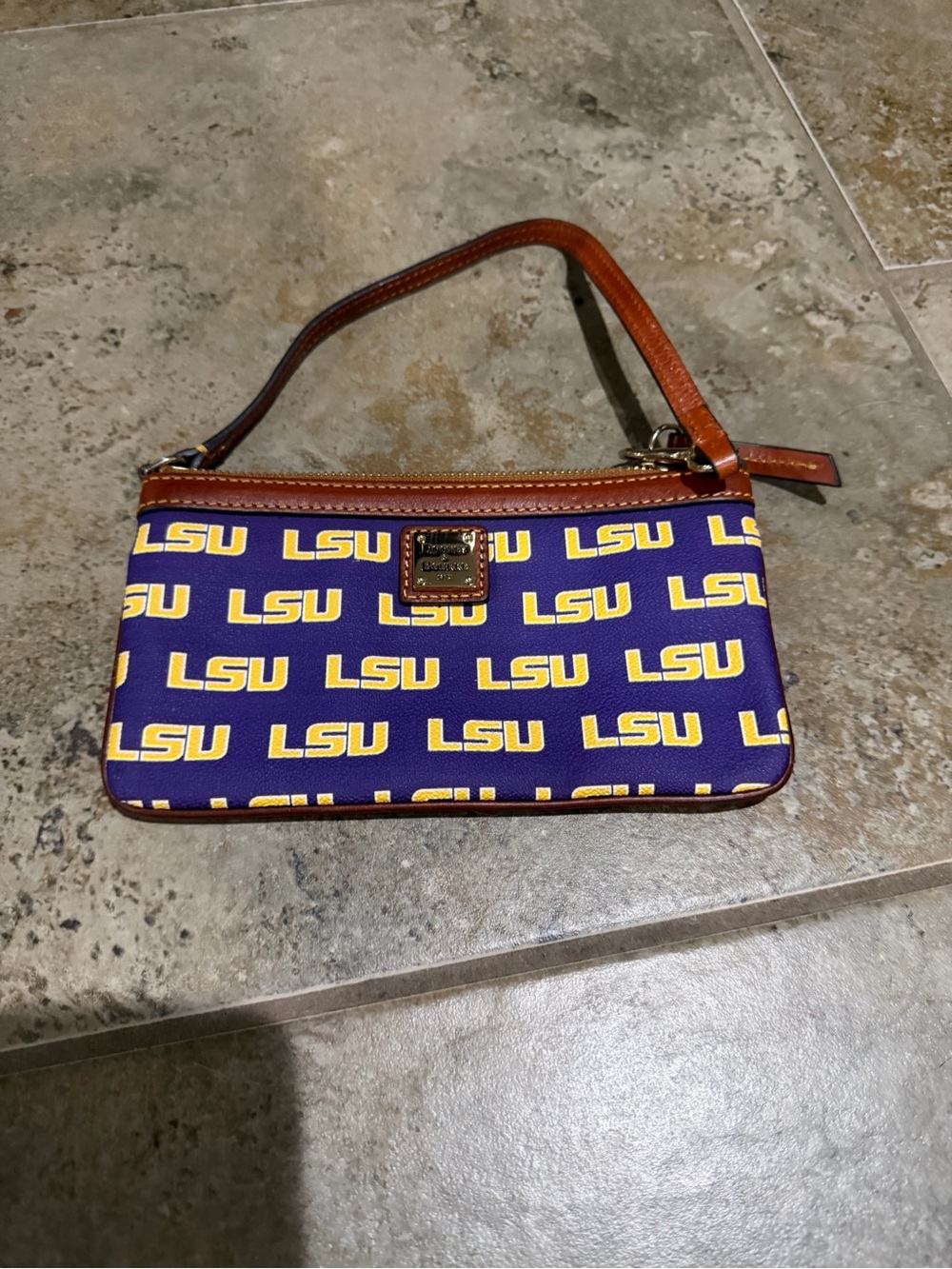 Dooney & Bourke Purple and Gold LSU Logo Wristlet with Brown Leather Trim